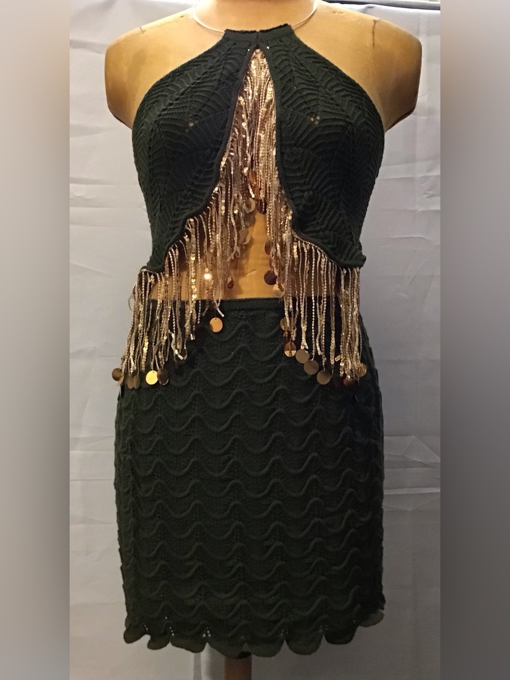 87 SHEIN Dark Green Crochet Two-Piece Dress with Gold Sequin Fringe